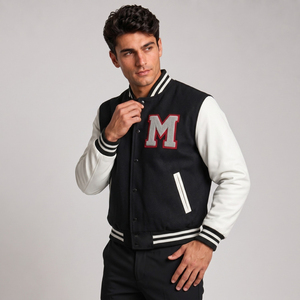 Men's Black <b>White</b> Varsity <b>Jacket</b> With Embroidered M Letter Preppy Style Regular Fit Autumn Wear Turn-down Collar - Product Image 3
