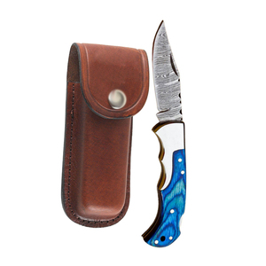 Cuchillo de Acero de Damasco Premium con Punta Caída y Mango Azul, Cuchillo Utilitario para Exteriores con Funda de Cuero, Herramienta de Corte Compacta - Product Image 6