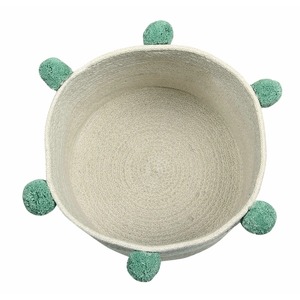 Beige Macrame <b>Basket</b> With Green Pom Pom Detail Stylish Storage Organizer For Home Decor Laundry Toys And Gifting Use From India - Product Image 2