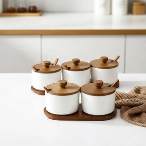 White Metal Tea Sugar <b>Pot</b> Set Of 2 With Wooden Lid And Tray Perfect For Guest Serving Elegant Kitchen Tableware Set From India - Product Image 4