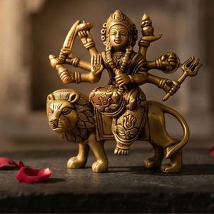 Figurine de Durga en laiton plaqué or de qualité supérieure, montée sur un lion, art religieux, objet de collection, sculpture 3D - Product Image 2