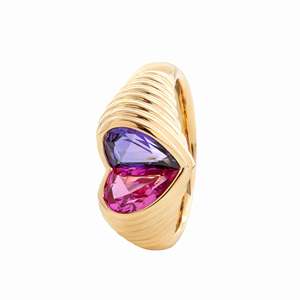 Toi et Moi Heart Lab Pink and Purple Sapphire <b>Ring</b> 14K Yellow Gold Ribbed Dome Band <b>Split</b> Heart Lab Corundum Statement <b>Ring</b> - Product Image 3