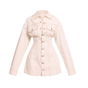Vestido Camisero Vaquero Crema para Mujer, con Cuello Camisero, Manga Larga, Corte Ajustado y Evase, Estilo Casual de Primavera - Product Image 1