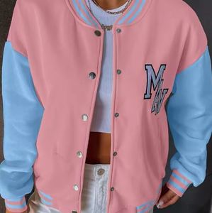 Veste universitaire rose et bleue à blocs de couleur, style décontracté unisexe, col rabattu, manches régulières, fermeture éclair, pour l'automne - Product Image 3