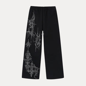 Pantalon large noir gothique brodé pour homme, taille élastique avec cordon de serrage, décontracté, pour l'automne - Product Image 5