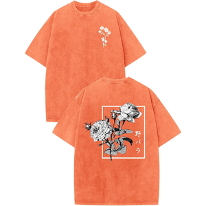 T-shirt noir surdimensionné pour homme avec imprimé rose blanc sur le devant et le dos, design floral, style streetwear, manches courtes, col rond - Product Image 4