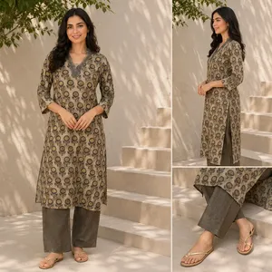 Kurti beige à imprimé floral pour femmes, col en V, manches trois quarts, coupe droite, tunique ethnique, décontractée, confortable, à porter au quotidien - Product Image 5