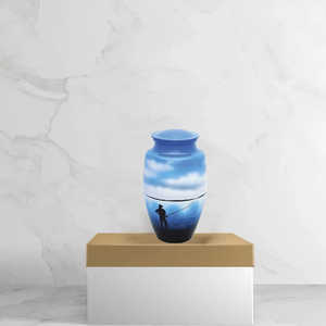 โกศบรรจุอัฐิสำหรับคนรักคนสำคัญ ทำจากอะลูมิเนียมสีน้ำเงิน ลายภาพชาวประมงสมัยใหม่ ความจุ 3-4 ลิตร ทำด้วยมือ สำหรับงานศพ - Product Image 4