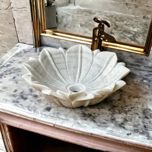 Lavabo sur pied moderne de luxe avec vasque en marbre irrégulier, design à poser sur comptoir, égouttoir inclus pour hôtels, villas et usage commercial - Product Image 1