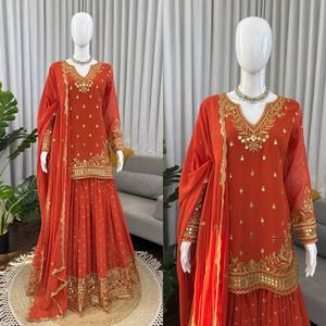 <b>TOP</b> SHARARA DUPATTA FOUX GEORGETTE INTRICATE THREAD SEQUNCE EMBROIDERY WORK SUIT - Product Image 3