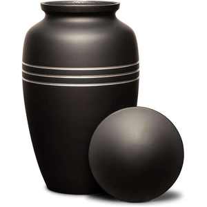 Urne funéraire moderne noire mate avec bandes d'accentuation argentées et couvercle assorti pour cendres d'adultes - Product Image 1