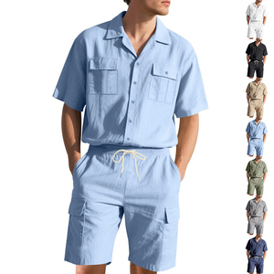 Ensemble chemise décontractée en coton gris pour homme, manches courtes, boutonnée, avec short cargo, tenue d'été respirante en tissu tissé - Product Image 6