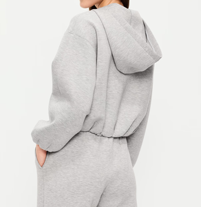 Sweat-shirt unisexe à capuche zippé, coupe courte, gris uni, décontracté, automne, en molleton bouclette, manches classiques - Product Image 3