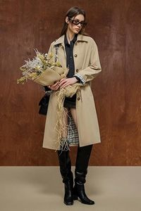 Manteau long élégant pour femme, beige uni, manches longues, col à revers, fermeture boutonnée, vêtement d'extérieur pour l'automne - Product Image 4