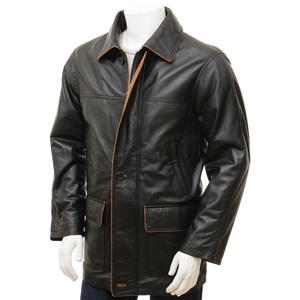 Veste en cuir véritable pour homme, col rabattu, fermeture éclair, style décontracté automne, coupe classique, noir, OEM personnalisé - Product Image 1