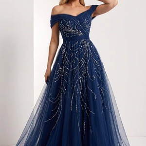 Vestido de Noche Azul Marino de Lujo con Hombros Descubiertos, Adornado con Lentejuelas, de Tul, Corte A, para Fiesta de Graduación, Venta al por Mayor, Ropa Formal de Fiesta para Mujer - Product Image 1