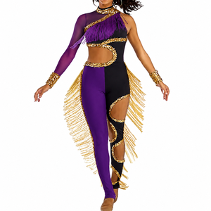 Costume de majorette à franges en sequins noir et violet pour femmes, tenue de danse pour adultes, vêtements de performance de haute qualité, coton spandex pour hommes, 220g - Product Image 1