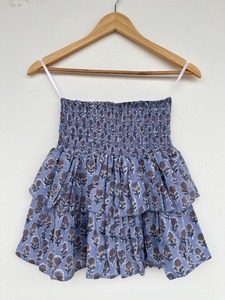 Blue Floral Printed Cotton Mini <b>Skirt</b> Women Stretch Smocked Waist Double Tier Flared Boho Vacation Casual <b>Summer</b> Wear Supplier - Product Image 2