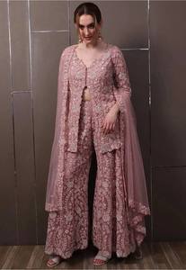 Ensemble Sharara rose en faux georgette avec broderie florale, manches longues, élégant, tenue de soirée longue, combinaison de mariage pour femme - Product Image 2