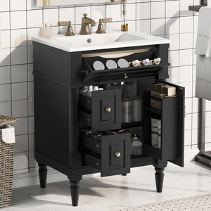 Mobile Bagno Nero da 24 Pollici con Lavabo, Cassetto Ribaltabile, Ripiano Regolabile in Legno Massello di Gomma, Qualità Premium - Product Image 1