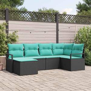 Ensemble de jardin en polyrotin noir et turquoise 6 pièces avec coussins, ensemble de canapés - Product Image 1