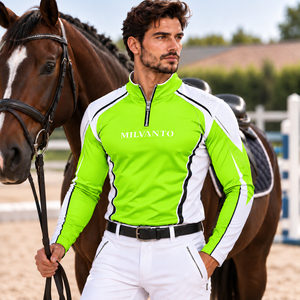 Camisa de Competición Ecuestre Personalizada para Hombre, Color Lima |   Camisa de equitación premium de poliéster de 220 GSM con manga larga y cremallera de un cuarto - Product Image 1