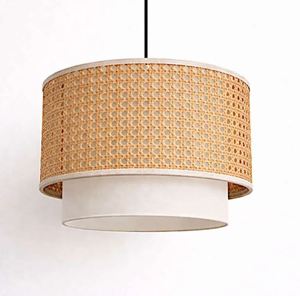Round Rattan Drum Pendant Light <b>White</b> Shade Large Size Ceiling Lamp Modern Minimalist Style - Product Image 2