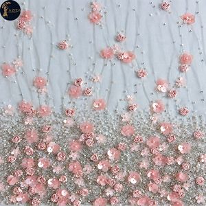 Tissu de robe fleuri rose avec des fleurs 3D, des appliques de roses et des perles |   Tissu à paillettes transparent pour robes de mariée et robes de soirée - Product Image 1