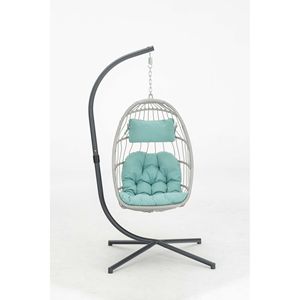 Silla de huevo para patio al aire libre resistente a los rayos UV con cojín azul y marco de aluminio, columpio colgante de mimbre, muebles de jardín - Product Image 1