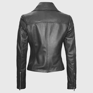 Women's Genuine Leather Moto <b>Jacket</b> Stand Collar Full Sleeve Zipper Closure Autumn Solid Color <b>Biker</b> <b>Jacket</b> - Product Image 2