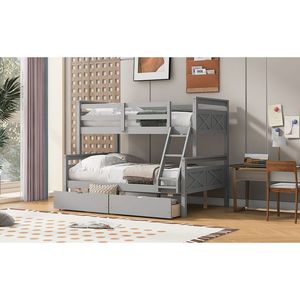 Lit superposé gris double sur grand lit avec échelle et barrière de sécurité, incluant deux tiroirs de rangement - Product Image 4
