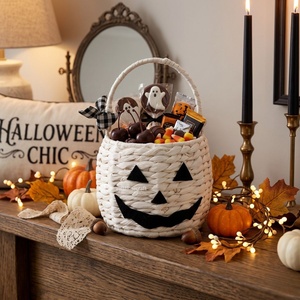 Neutral <b>White</b> Woven Pumpkin <b>Basket</b>, Elegant Halloween Trick-or-Treat and Decor Bucket Wholesale - Product Image 2