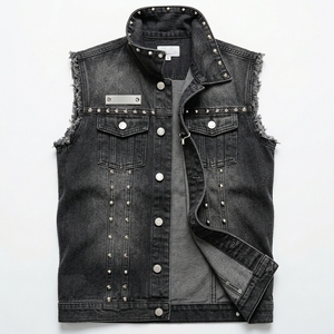 Gilet en jean décontracté pour homme, col rabattu, décoré de rivets, style motard, vêtement d'extérieur, couleur unie, tissé en polyester et coton 300 g/m², pour l'automne - Product Image 4