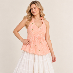 Blusa Halter Rosa a Cuadros para Mujer, de Lino Tejido, sin Mangas, con Cuello en V Dulce, Transpirable, Ideal para Vacaciones, Diseño ODM - Product Image 3