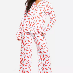 High Quality Soft Breathable Polyester Spandex <b>Pyjamas</b> Button Long Sleeve 2 Pieces Sleepwear Nightwear Sets Women Elastic Waist - Product Image 1