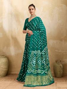 Sari Bandhani Lagdi Pallu Rai Dani traditionnel fait main, style Rajasthani, teinture tie-dye, pour mariage et festivals, sari de créateur Bandhej - Product Image 2