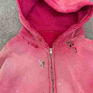 Custom 500 Gsm Heavyweight Oversized Blank Acid Wash Vintage Ripped Hole Distressed Zip Up Hoodie <b>Men</b> Pink Faded Sweatshirt OEM - Product Image 2