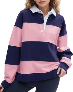 Polo à manches longues pour femme, color-block, décontracté, tricoté, 100 % polyester, longueur standard, col rouge, marine et blanc - Product Image 3