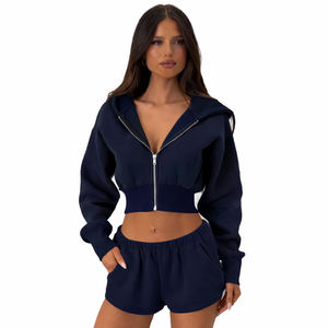 ชุดเซ็ตแทรคสูทผู้หญิง 2 ชิ้น เสื้อฮู้ดครอปซิปและกางเกงขาสั้นเอวสูง ชุดลำลองแฟชั่นฤดูใบไม้ร่วงฤดูหนาว ชุดออกกำลังกาย - Product Image 4