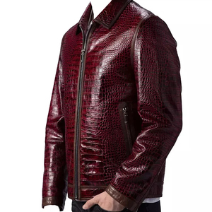 Men's <b>Red</b> Embossed Crocodile PU Leather Moto <b>Jacket</b> Turn-Down Collar Zipper Closure Regular Fit Autumn Street Wear - Product Image 6