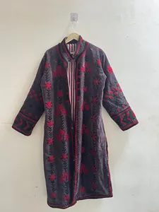 Chaqueta Larga de Terciopelo con Bordado Morado para Mujer, Diseño Floral, Estilo Bohemio, Manga Larga, Cuello Alto, Ropa de Invierno - Product Image 1