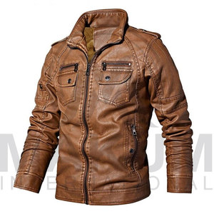 Leather Motorcycle <b>Jacket</b> Winter Warm Solid Color Moto Biker Style - Product Image 2