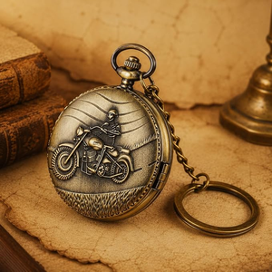 Vintage Metal Motorcycle Pocket Watch Keychain, Antique Brass Finish Round Embossed <b>Biker</b> Pendant Key <b>Ring</b> - Product Image 5