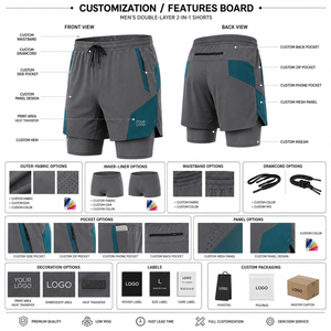 Shorts pour hommes à séchage rapide avec poches zippées, taille élastique, empiècements contrastants, double couche, design gris et turquoise, vente en gros - Product Image 3