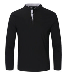 Men's Black Long Sleeve Polo <b>Shirt</b> Stand Collar 3 Button Placket Casual Slim Fit Cotton Blend Pullover <b>Shirt</b> Wholesale - Product Image 1