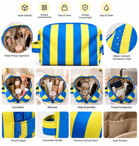 <b>Letter</b> Pattern Water Resistant Canvas Cosmetic Bag Makeup Blue Yellow Medium Zipper Closure Portable Soft Handle Elegant Style - Product Image 3