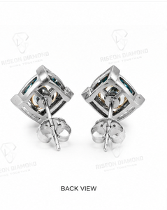 Lujosos pendientes de diamantes azules con montura geométrica de oro blanco de 18 quilates y engaste de oro amarillo, con diamantes redondos en forma de halo. - Product Image 5