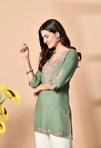Women's Green Embroidered Rayon <b>Kurta</b> <b>Top</b> Regular Fit Mini Length Casual Wear India Pakistan Design All Seasons - Product Image 6