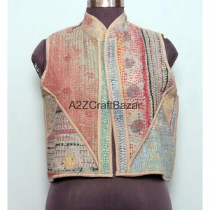 100% Cotton Floral <b>Kantha</b> Waistcoat for Women Handmade Breathable Winter Sleeveless Vest with Patchwork Fabric Vest-Coat Design - Product Image 6