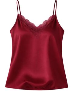 Red Satin Camisole Shorts Set Women Sleepwear <b>Lace</b> Trim Spaghetti Strap Nightwear Soft Breathable Summer Pajama Set Lounge Wear - Product Image 2